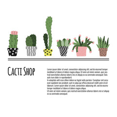 Cacti shop page or flyer template. Hand drawn plants. Cactus and succulent in pot concept.