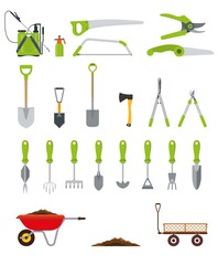 Big collection of various gardening hand tools and equipment for weeding, planting, raking or pruning. 
