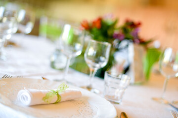 Decorated wedding table, selective focus