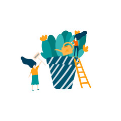 Flat people watering big flower. Hand drawn growth concept.