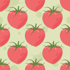 Rose tomato pattern. Juicy vegetables illustration. Eco vegetable, vegan food backdrop. Tomatoes on green background. 
