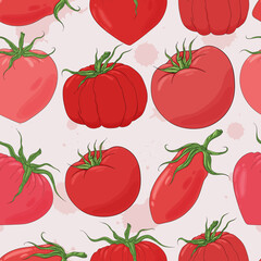 Tomatoes. Fresh tomato background. Tasty ripe vegetables texture. Pink, rose, red tomato. Hand drawn illustration.
