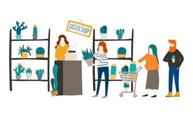 Fototapeta na wymiar A woman sells cacti and succulents at a flower shop. Flat style illustration. Customer and a shop assistant concept. Flat style hand drawn illustration