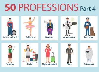 50 professions. Big set of professions in cartoon flat style for children. International Workers' Day, Labour Day