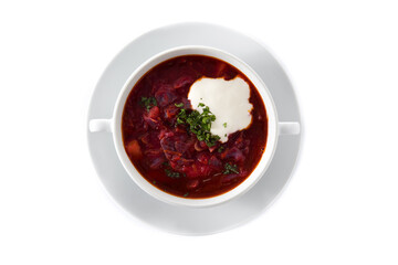 Traditional Ukrainian Russian borsch. Beetroot soup isolated on white background. Top view