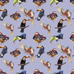 Obraz premium seamless pattern with birds. Hand-drawn watercolor illustration. Elements separately on a white background. Parrot, owl, ducks, toucans. Print, textile, paper, fabric. Vintage, sketch, retro, realism.