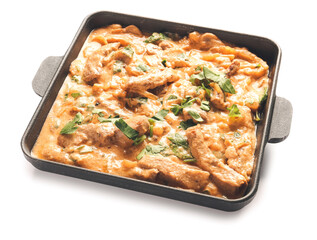 Tasty beef stroganoff on white background