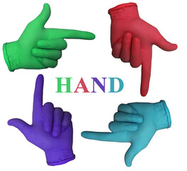 sign the index finger points to. Hand in a red, blue, green, turquoise nitrile protective glove isolated on a white background. inscription is hand colored letters