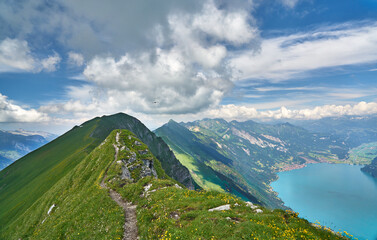 Panorama landscape of Swiss Alps with mountains, meadows and Lake Brienz. Taken at Hardergrat ridge...