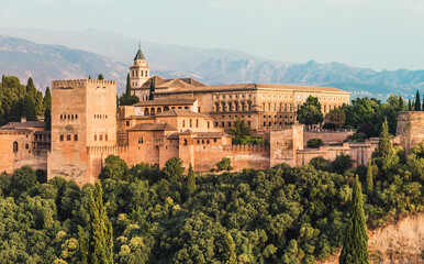 Fototapeta na wymiar Panoramic view of The Alhambra fortress complex with the Nasrid Palaces and Generalife a UNESCO World Heritage Site, Granada, Andalusia.