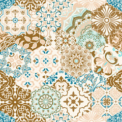 Vector patchwork quilt pattern. Vintage decorative collage. Hand drawn background. Indian, Arabic, Turkish motifs for printing on fabric or paper. Abstract colorful doodle pattern in mosaic style