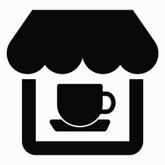 Shop building and cup icon. Coffee House. Market.Grocery store. Supermarket. Supermarket. Cafe. Sales department. Vector icon. 
