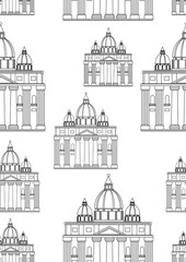 Seamless pattern or coloring page with town hall or parliament building, outline stock vector illustration with baroque building with columns
