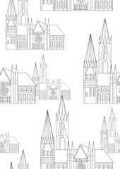 Seamless pattern or coloring page with gothic church as anti stress coloring book for adults, outline or colorless vector stock illustration with building in europe