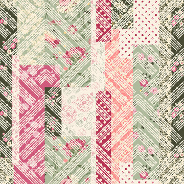 Seamless abstract colorful patchwork pattern from flowers on damask background. Vintage decorative elements. Floral Collage in retro colors. Freehand drawing. Vector illustration