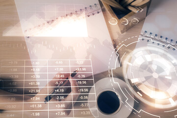 Multi exposure of woman's hands making notes with forex graph hologram. Concept of technical...