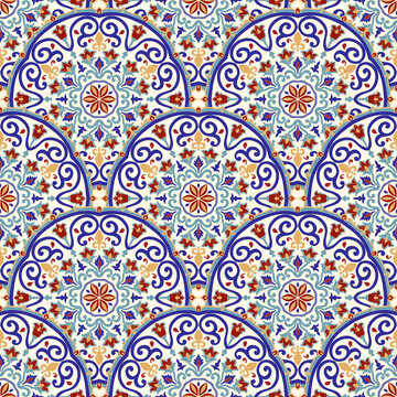 Seamless colorful pattern with mandala. Vintage decorative element. Hand drawn pattern in turkish style. Islam, Arabic, Indian, ottoman motif. Vector illustration