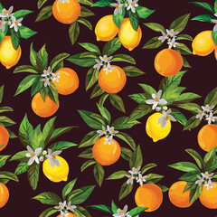 Seamless citrus pattern.Hand drawn vector illustration with lemons and oranges.Template for print, textile,wallpaper cover and box design.