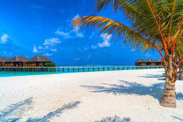 Wooden bridges leading to the huts on the shores of the tropical, warm sea. Maldives. Tourism concept.