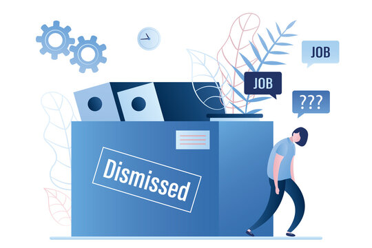 Dismissed businesswoman. Unhappy female employee after dismissal. Box with papers and fired office worker.