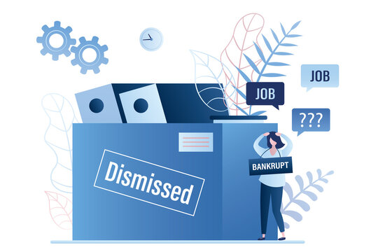 Sad businesswoman bunkrupt. Box with papers and fired office worker. Financial crisis and unemployment concept.
