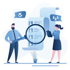  Resume of candidates with avatars. HR agency, two specialists. Male boss and female employee. Hiring people. Trendy style