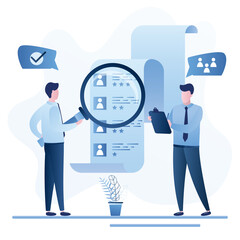 Recruitment process concept. Businessmen select staff. Resume of candidates with avatars. HR agency, two specialists.