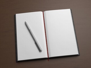Fototapeta na wymiar 3D rendered illustration of open notebook with blank pages on wooden surface with bookmark and metallic ballpoint pen