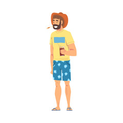 Relaxed Young Man Standing and Drinking Cocktail, Lounging Male Character Wearing Tshirt, Shorts and Hat Ready to Enjoy His Leisure Vacation, Summer Holidays and Traveling Cartoon Vector Illustration