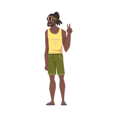 Relaxed African American Man Showing Victory Sign, Lounging Male Character Wearing Sleeveless Tank Top and Shorts Ready to Enjoy His Leisure Vacation Cartoon Vector Illustration