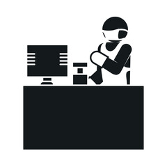 pictogram man using a protective mask and working at desk, silhouette style