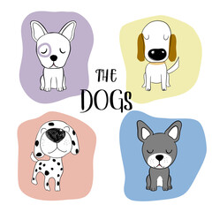 The dogs set. Hand drawn of cute dogs on pastel colors background. Vector illustration art.