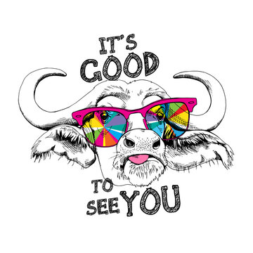 Cute cow in a rainbow glasses. It's good to see you - lettering quote. Humor card, t-shirt composition, hand drawn style print. Vector illustration.