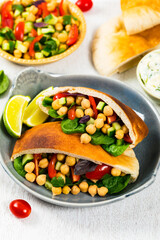 Veggie Pitas with Garbanzo Bean or Chickpea Salad. Selective focus.
