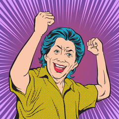 Old women show joy, smiling and raising his fist. pop art retro vector illustration comic. Separate images of people from the background.