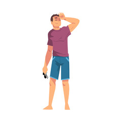 Relaxed Young Man, Lounging Male Character Wearing Tshirts and Shorts Ready to Enjoy His Leisure Vacation, Summer Holidays and Traveling Cartoon Vector Illustration