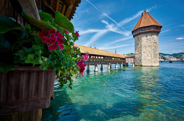Panorama of Lucerne / Luzern with Chapel Bridge above Reuss River, Switzerland.       