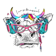 Cute cow in a headphones and glasses with a rainbow unicorn horns. I am so magical - lettering quote. Humor card, t-shirt composition, hand drawn style print. Vector illustration.