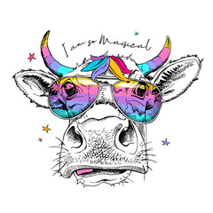 Cute cow in a rainbow glasses with a unicorn horns. I am so magical - lettering quote. Humor card, t-shirt composition, hand drawn style print. Vector illustration.