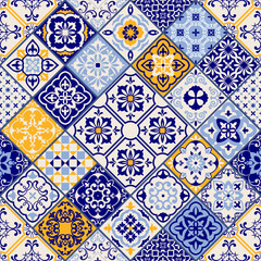 Azulejos tiles patchwork. Seamless colorful patchwork. Hand drawn seamless abstract pattern. Majolica pottery tile, blue, yellow azulejo. Original traditional Portuguese and Spain decor. Vector