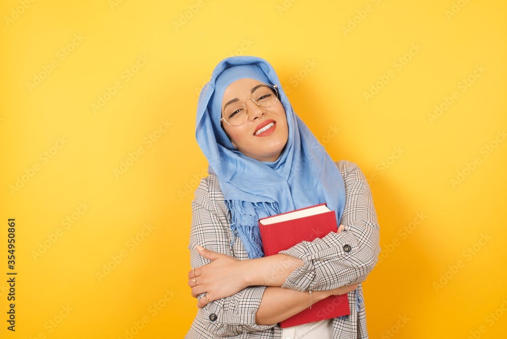 Sticker People, lifestyle, youth and happiness concept. Shy pretty young muslim woman wearing hijab feeling happy after boy who she likes invited her out on date.