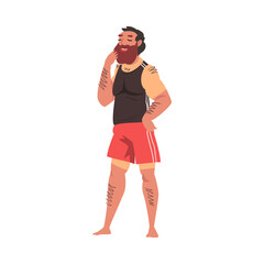 Relaxed Bearded Man with Sunburn, Lounging Male Character Enjoying His Leisure Vacation, Summer Holidays and Traveling Cartoon Vector Illustration