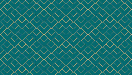 Vintage style art deco geometric pattern with overlapping golden squares on turquoise background. Retro geometric abstract line vector seamless pattern.