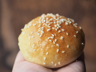 Soft bread bun on hand