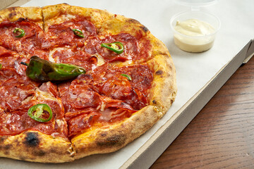 Photo for pizza delivery. Pizza with spicy chorizo salami, melted cheese in a cardboard box with side sauce on a wooden table. Close up