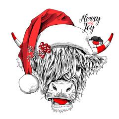 Adorable Cow with bangs in a red Santa's hat and with a bird. Merry and joy - lettering quote. Christmas and New year card, Humor composition, hand drawn style print. Vector illustration.