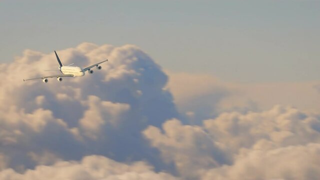 Aerial view of airliner plane flying above the clouds in the sunset, camera panning to follow the trajectory, 3d render.