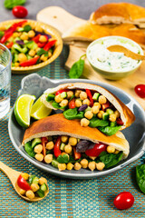 Veggie Pitas with Garbanzo Bean or Chickpea Salad. Selective focus.