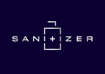 Fototapeta premium Sanitizer logo design. Sanitizer typography logo design with minimal shapes. Clean metal looking logo on dark blue background. Modern creative logo concept. Visual communication design idea. 