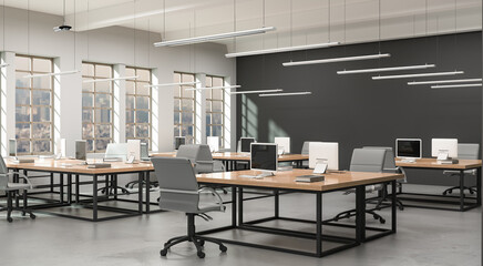 Side view of a modern office with a grey wall. Rows of tables, equipped workstations. 3d rendering.
